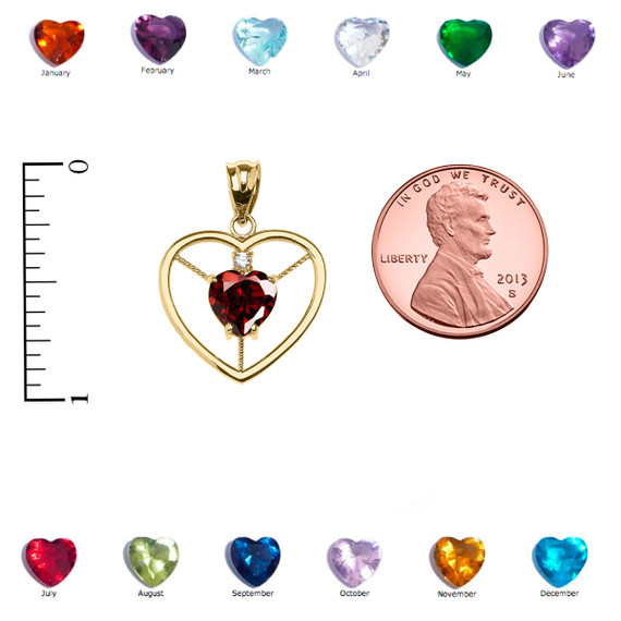 Elegant Yellow Gold CZ and January Birthstone CZ Solitaire Heart Pendant Necklace