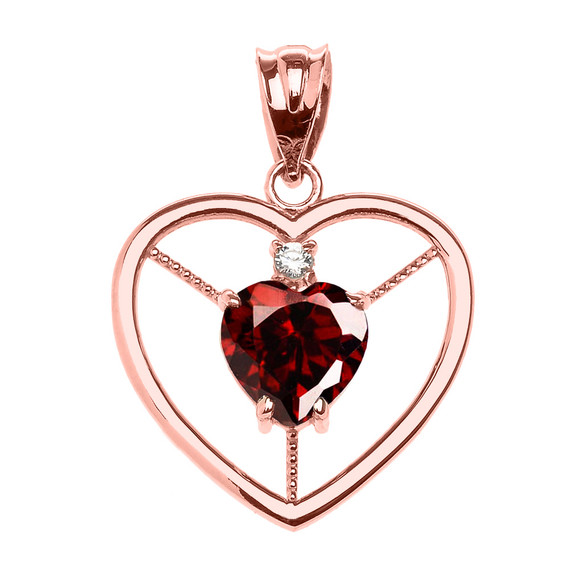 Elegant Rose Gold CZ and January Birthstone CZ Solitaire Heart Pendant Necklace