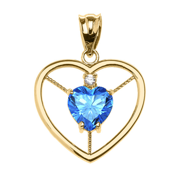 Elegant Yellow Gold CZ and December Birthstone CZ Solitaire Heart Pendant Necklace