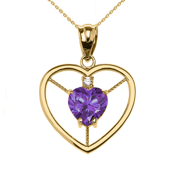 Elegant Yellow Gold CZ and June Birthstone Light Purple CZ Heart Solitaire Pendant Necklace