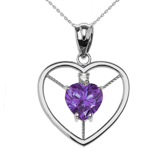 Elegant White Gold CZ and June Birthstone Light Purple CZ Heart Solitaire Pendant Necklace