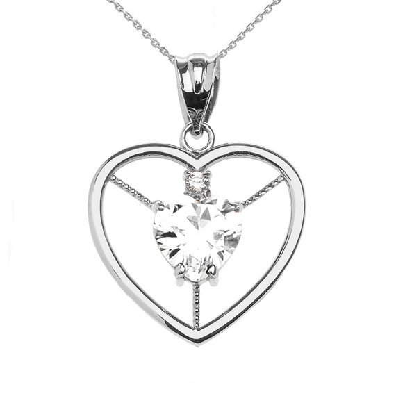 Elegant White Gold CZ and April Birthstone White CZ Heart Solitaire Pendant Necklace