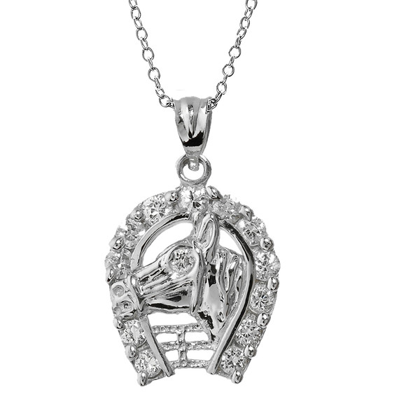 Sterling Silver CZ Horseshoe with Horse Head Pendant Necklace