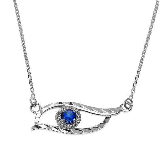 Sterling Silver Diamond Cut Blue CZ  Evil Eye Pendant Necklace