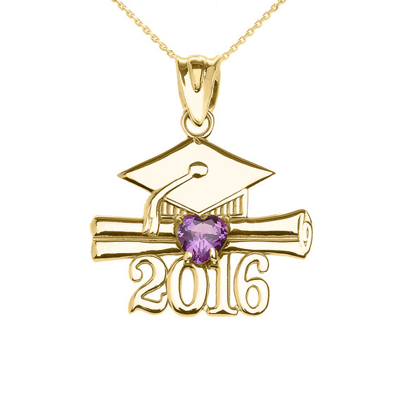 Yellow Gold Heart February Birthstone Purple Cz Class of 2016 Graduation Pendant Necklace