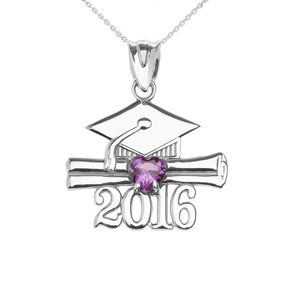 White Gold Heart February Birthstone Purple Cz Class of 2016 Graduation Pendant Necklace