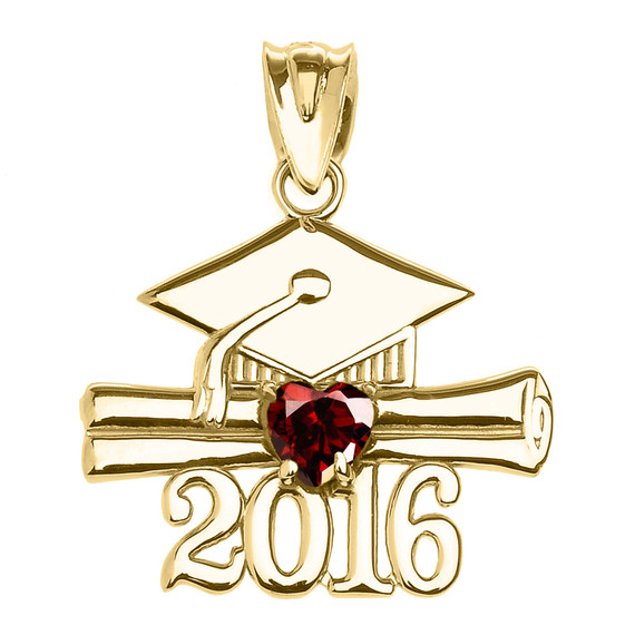 Yellow Gold Heart January Birthstone Garnet Cz Class of 2016 Graduation Pendant Necklace