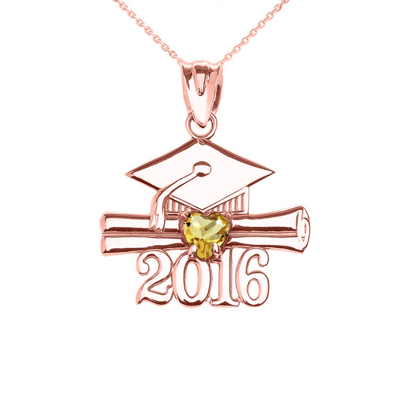 Rose Gold Heart November Birthstone Yellow Cz Class of 2016 Graduation Pendant Necklace