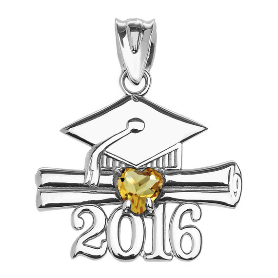 Sterling Silver Heart November Birthstone Yellow Cz Class of 2016 Graduation Pendant Necklace