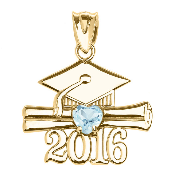Yellow Gold Heart March Birthstone Aqua Cz Class of 2016 Graduation Pendant Necklace