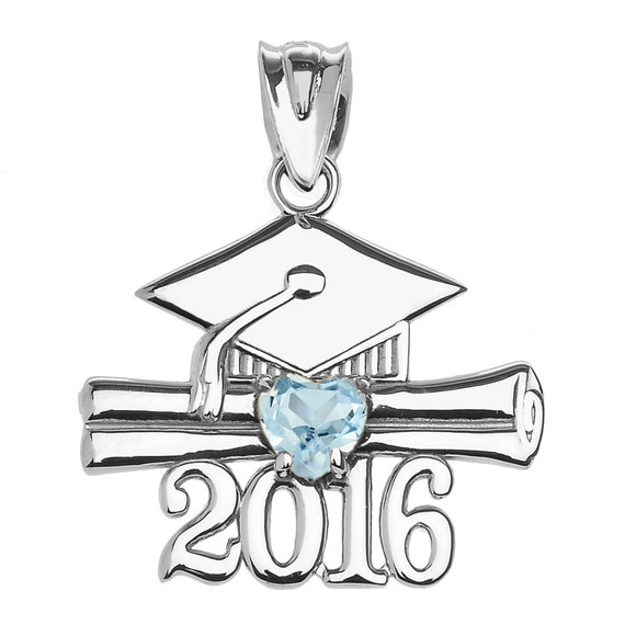 Sterling Silver Heart March Birthstone Aqua Cz Class of 2016 Graduation Pendant Necklace