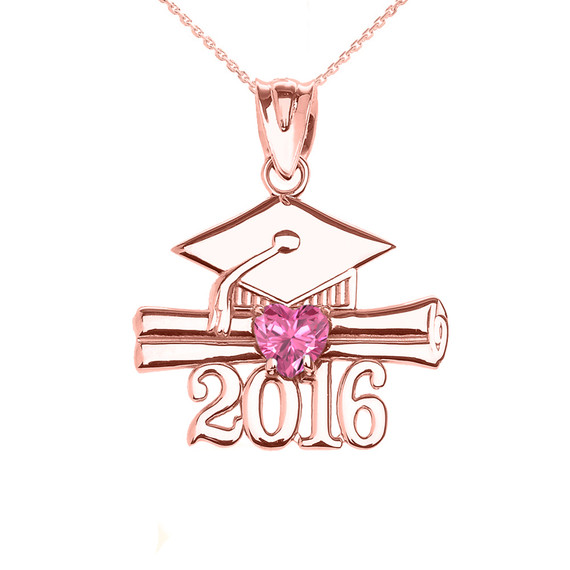 Rose Gold Heart October Birthstone Pink Cz Class of 2016 Graduation Pendant Necklace