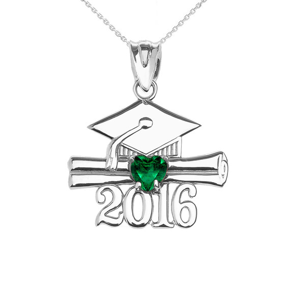 White Gold Heart May Birthstone Green Cz Class of 2016 Graduation Pendant Necklace