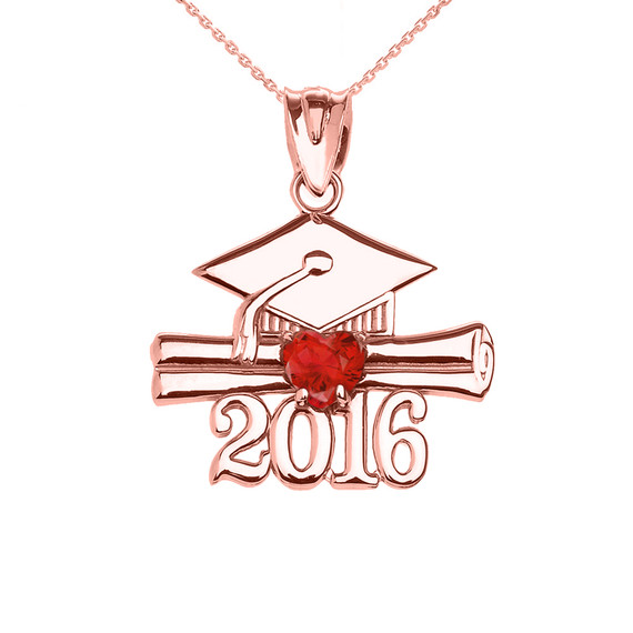 Rose Gold Heart July Birthstone Red CZ Class of 2016 Graduation Pendant Necklace