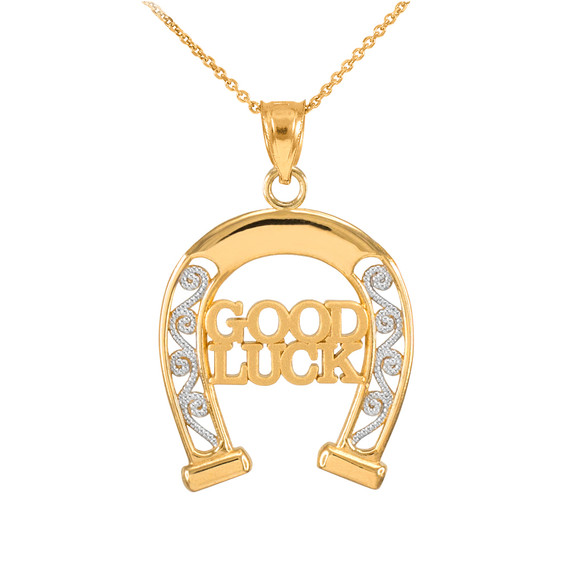 Two-Tone Yellow Gold GOOD LUCK Horseshoe Filigree Pendant Necklace