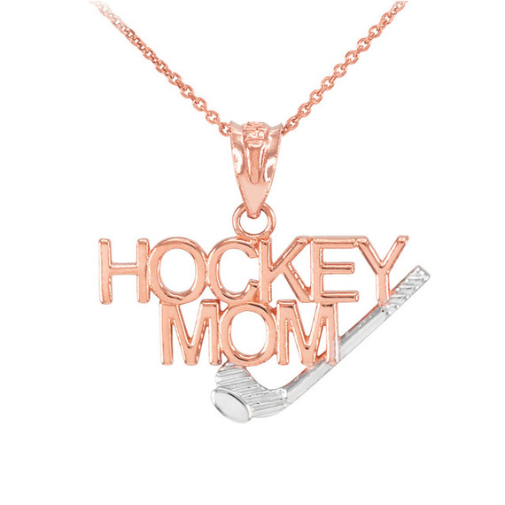 Solid Gold HOCKEY MOM Sports Pendant Necklace (Available in Two Tone Yellow, Rose and White)
