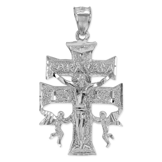 White Gold Caravaca Double Cross with Angels Crucifix Pendant