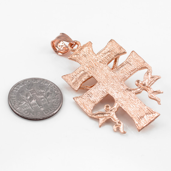Rose Gold Caravaca Double Cross with Angels Crucifix Pendant