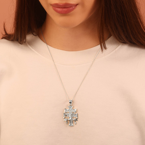 Silver Double Cross Necklace - Caravaca Crucifix Jesus Pendant on female model