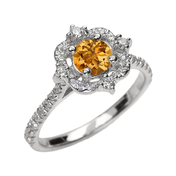 White Gold Genuine Citrine And Diamond Dainty Engagement Proposal Ring