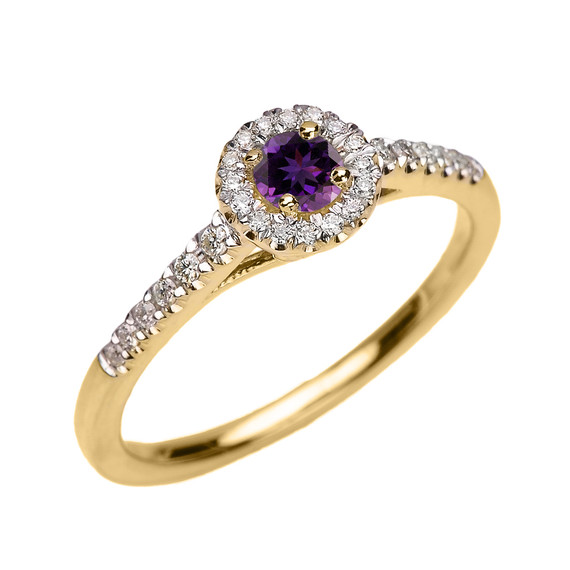 Yellow Gold Diamond and Amethyst Dainty Engagement Proposal Ring