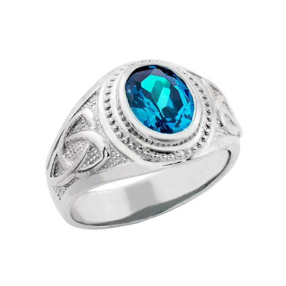 White Gold Celtic Birthstone CZ Men's Ring