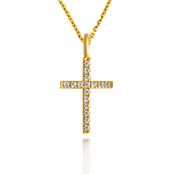 Yellow Gold Cubic Zirconia Cross Charm Pendant Necklace