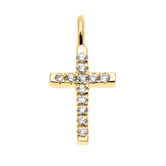 14k Dainty Yellow Gold Cubic Zirconia Cross Charm Pendant Necklace