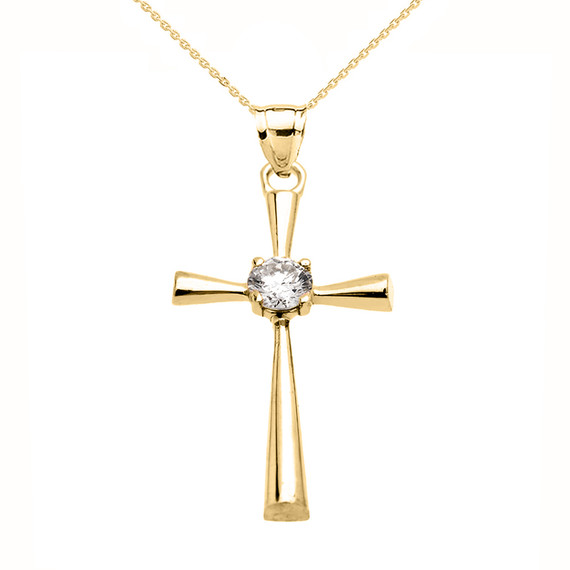 Beautiful Yellow Gold Solitaire Cubic Zirconia Cross Dainty Pendant Necklace