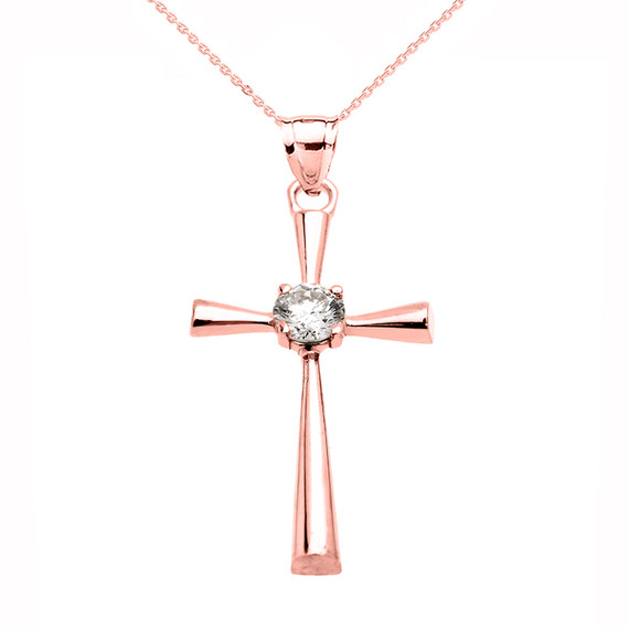 Beautiful Rose Gold Solitaire Cubic Zirconia Cross Dainty Pendant Necklace