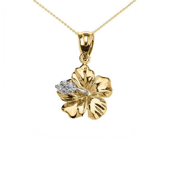 Yellow Gold Caribbean Hibiscus (Malvaceae) Dainty Cubic Zirconia Pendant Necklace