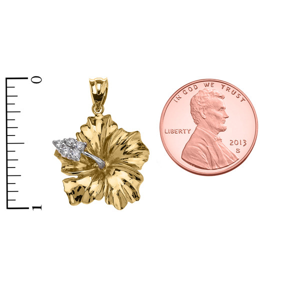 Yellow Gold Caribbean Hibiscus (Malvaceae) Cubic Zirconia Pendant Necklace