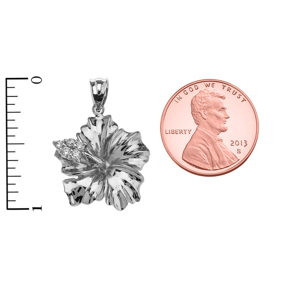 White Gold Caribbean Hibiscus (Malvaceae) Cubic Zirconia Pendant Necklace