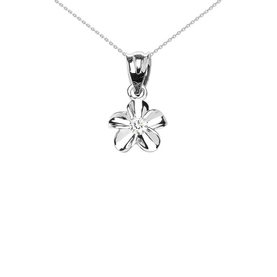 Delicate White Gold Hawaiian Plumeria Cubic Zirconia Charm Pendant Necklace