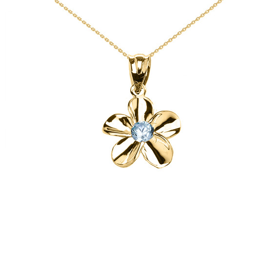 Yellow Gold Hawaiian Plumeria Blue Zircon Elegant Pendant Necklace