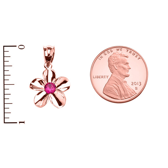 Rose Gold Hawaiian Plumeria Red CZ Elegant Pendant Necklace