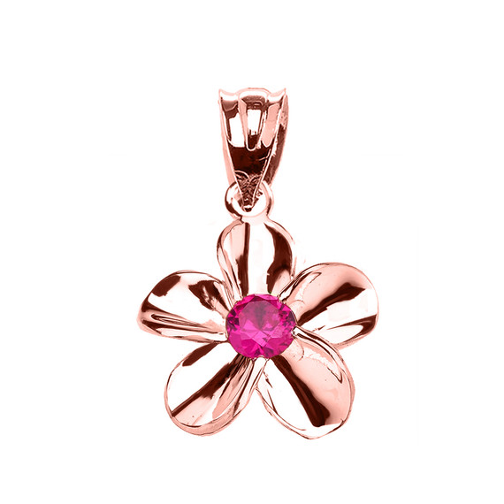 Rose Gold Hawaiian Plumeria Red CZ Elegant Pendant Necklace