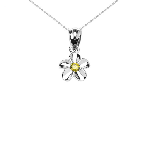 Delicate White Gold Hawaiian Plumeria Peridot Charm Pendant Necklace