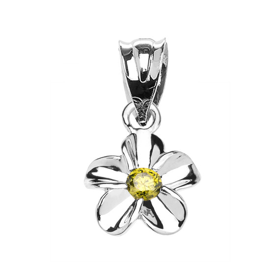 Delicate White Gold Hawaiian Plumeria Peridot Charm Pendant Necklace