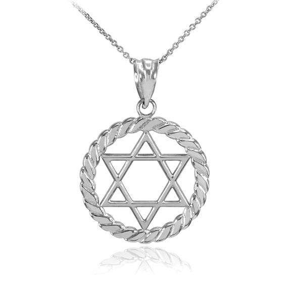 White Gold Jewish Star of David in Circle Rope Pendant Necklace