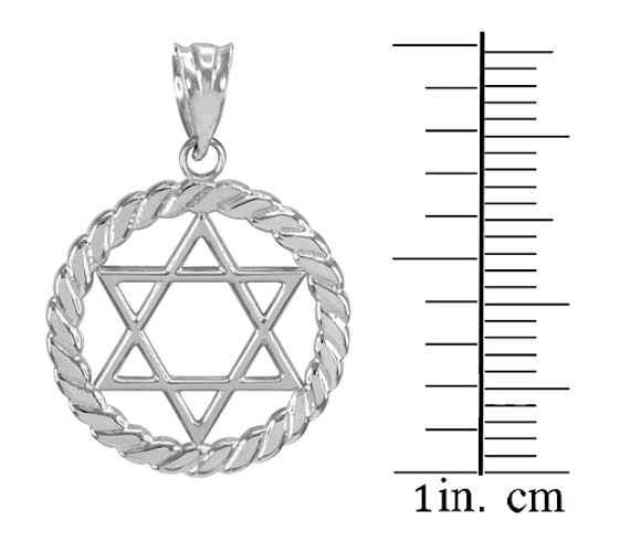 White Gold Jewish Star of David in Circle Rope Pendant Necklace