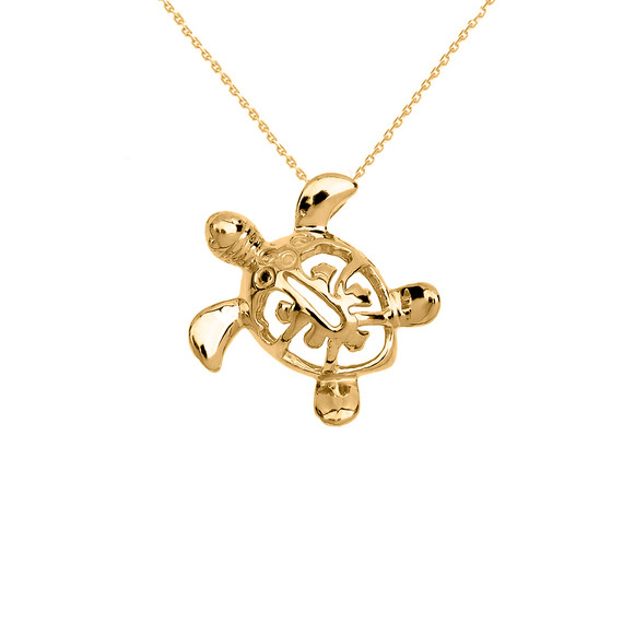 Yellow Gold Hawaiian Honu Sea Turtle Hidden Bail Pendant Necklace