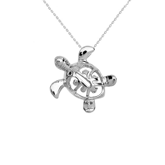 White Gold Hawaiian Lucky Charm Honu Turtle Hidden Bail Pendant Necklace