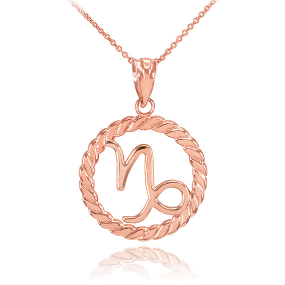Rose Gold Capricorn Zodiac Sign in Circle Rope Pendant Necklace