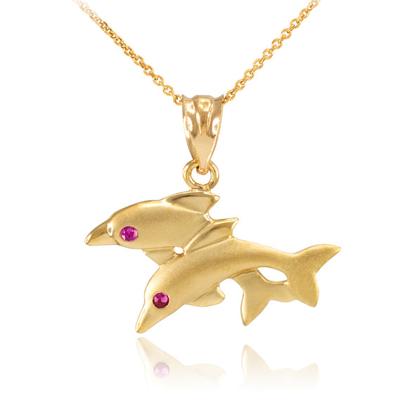 Yellow Gold Red CZ Jumping Double Dolphin Pendant Necklace