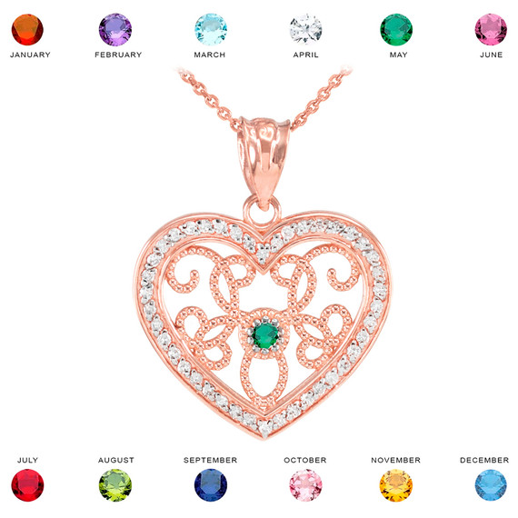 Rose Gold Filigree Heart Diamond and CZ Pendant Necklace