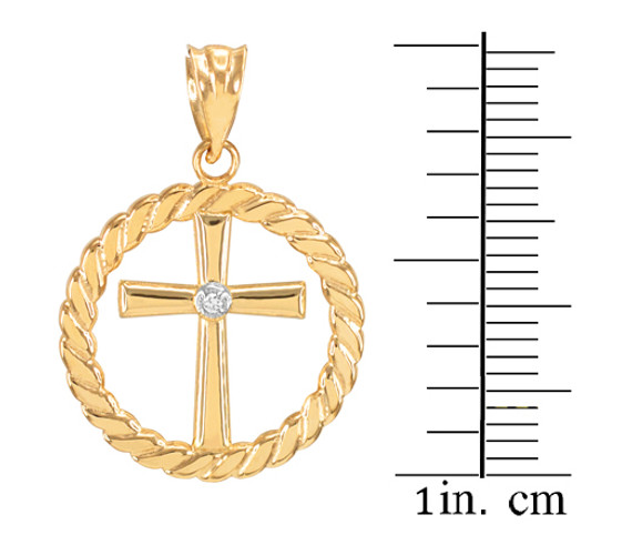 Gold Cross with Diamond Circle Rope Pendant Necklace