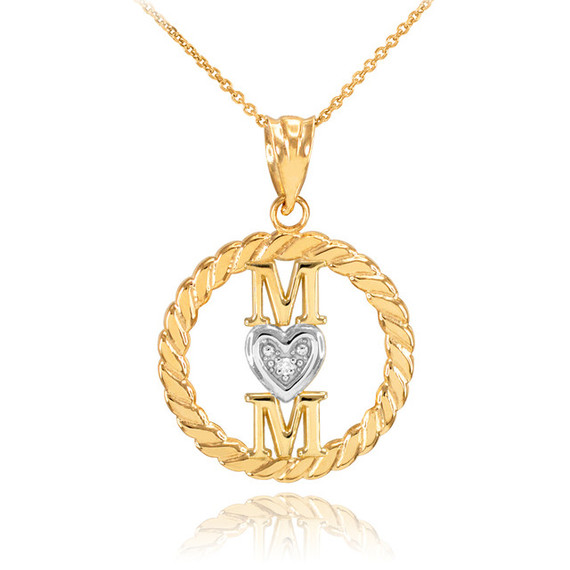 Gold Roped Circle Mom Love Heart with Diamond Pendant Necklace