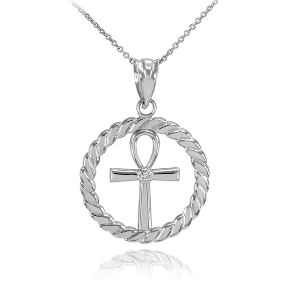 Silver Roped Circle Egyptian Ankh Cross with CZ Pendant Necklace