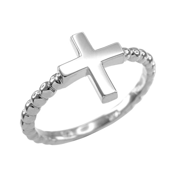 White Gold Flat Top Cross Beaded Ring